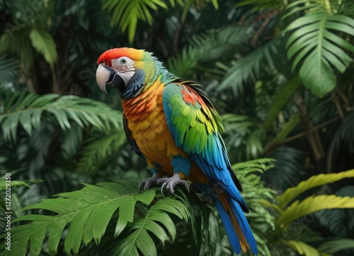 Detailed image of a brightly colored parrot's feathers against a backdrop of lush tropical leaves, bird's plumage, textured background