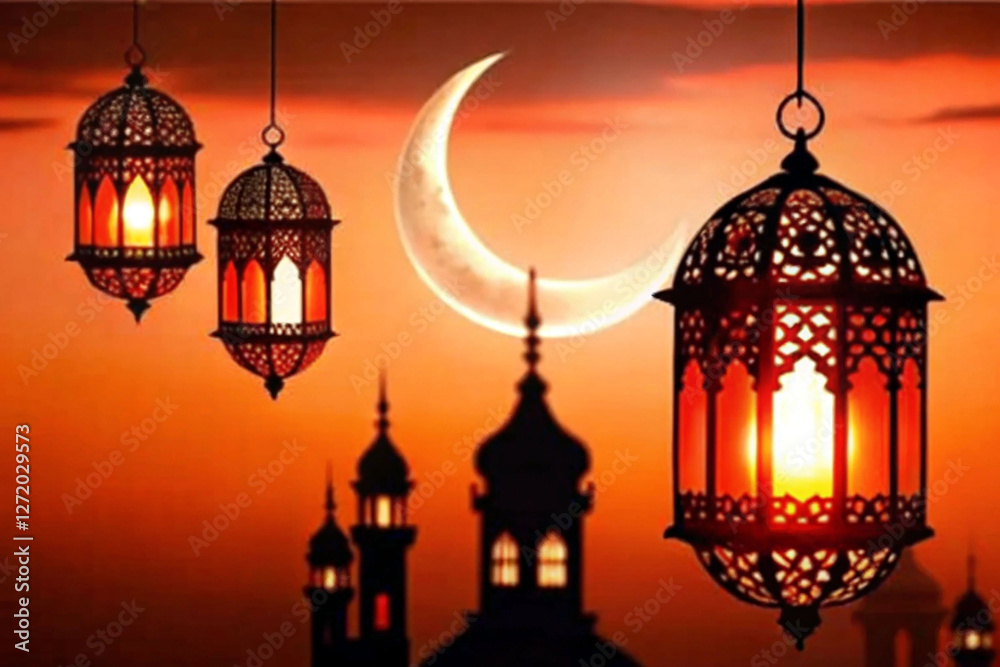 Fototapeta premium Ramadan lanterns sunset mosque crescent