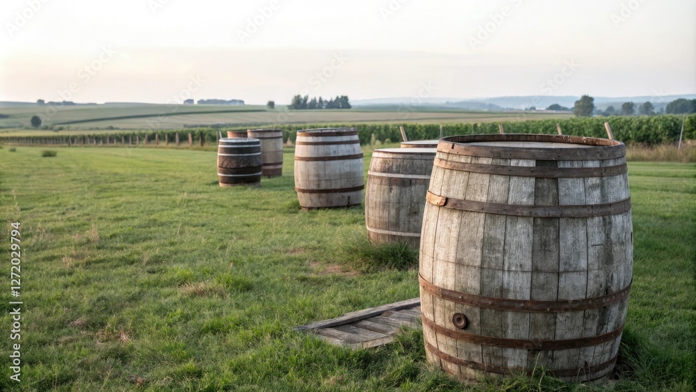 Distressed wooden beer barrels in a field, countryside, landscape, wood Distressed wooden beer barrels in a field, countryside, landscape, wood