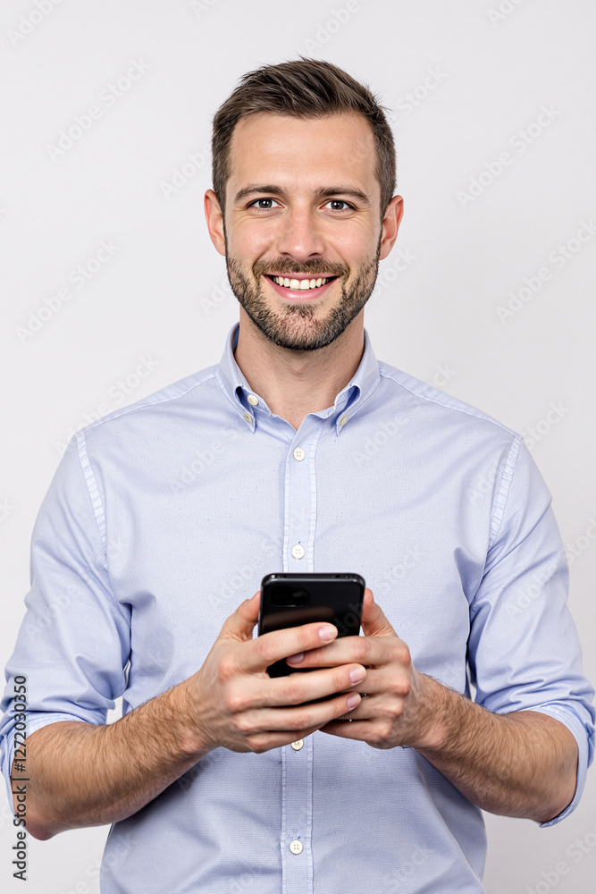 Confident Young Danish Professional with Smartphone in Studio Setting Confident Young Danish Professional with Smartphone in Studio Setting