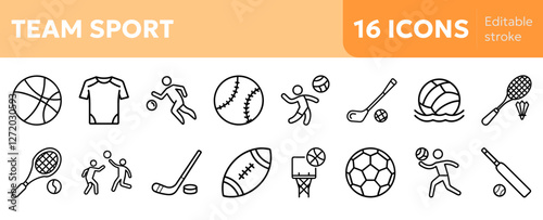team sports icons including soccer ball, basketball, football, baseball, volleyball, hockey stick, rugby ball, cricket bat, tennis racket