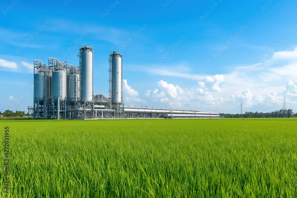 Industrial facility located near lush green rice fields under a bright blue sky Industrial facility located near lush green rice fields under a bright blue sky