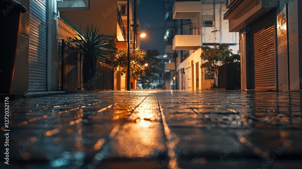 Fototapeta premium Rainy Night City Street Scene Low Angle View