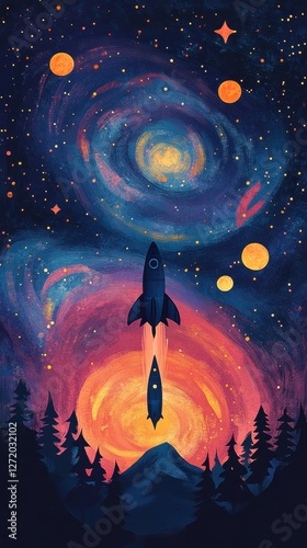 Rocket ship blasts off into colorful galaxy over forest