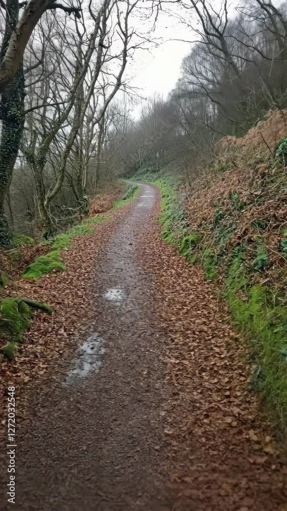 Forest path winding through autumn leaves in a serene rural landscape