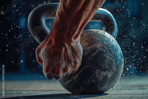 Strong hand grips a kettlebell during an intense workout session in a gym while dust fills the air photo