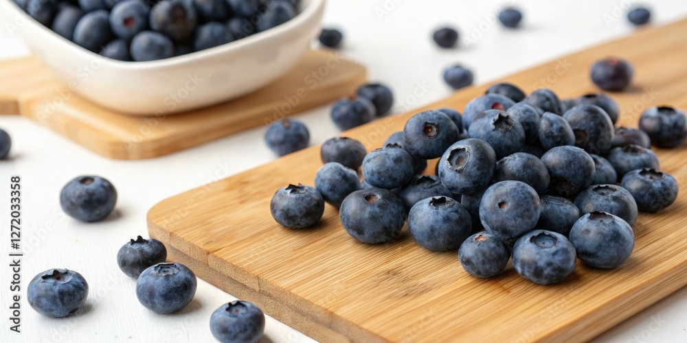Fresh blueberries scattered on a wooden cutting board, kitchen, blueberries, rustic, wild berries Fresh blueberries scattered on a wooden cutting board, kitchen, blueberries, rustic, wild berries
