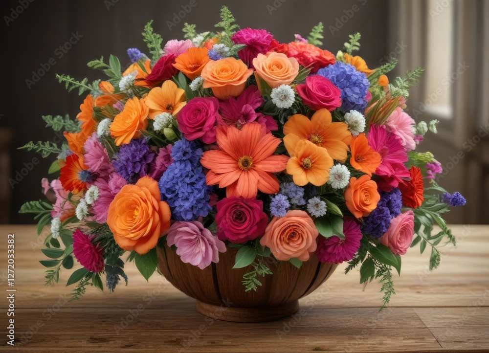 Freshly cut flowers arranged in a decorative bouquet on a wooden table, fresh cut flowers, pretty, wooden table Freshly cut flowers arranged in a decorative bouquet on a wooden table, fresh cut flowers, pretty, wooden table