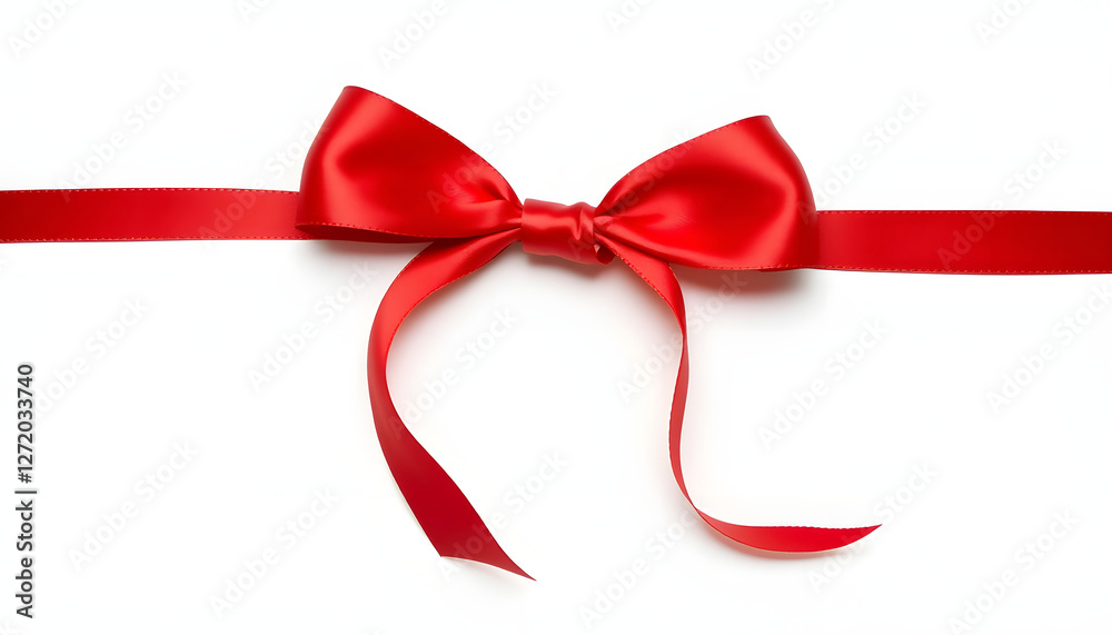 Red satin ribbon bow isolated on white background. Textile thin strip tied up to trim present or flower bunch. Any holiday decoration, comic art. with white shades Red satin ribbon bow isolated on white background. Textile thin strip tied up to trim present or flower bunch. Any holiday decoration, comic art. with white shades