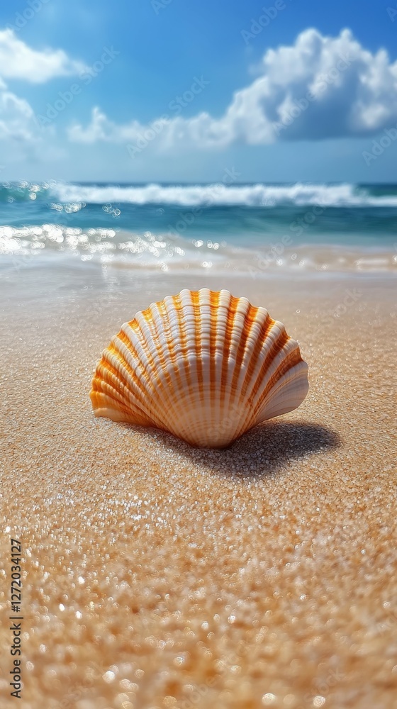 Beautiful scallop shell on a sandy beach under a sunny sky Beautiful scallop shell on a sandy beach under a sunny sky