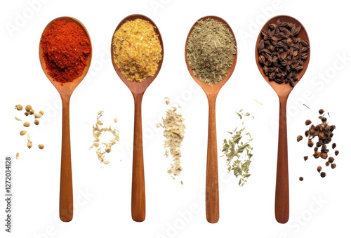 Fototapeta Naklejka Na Ścianę i Meble -  PNG Top view of four old spoons with spices and herbs food white background ingredient.