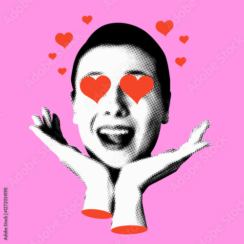 Woman in love. Modern collage with hearts in the eyes of smiling woman. Halftone female face. Valentines day card