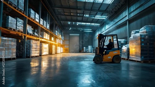 Scene of forklift operating in factory warehouse, smooth repeating motion for background video animation