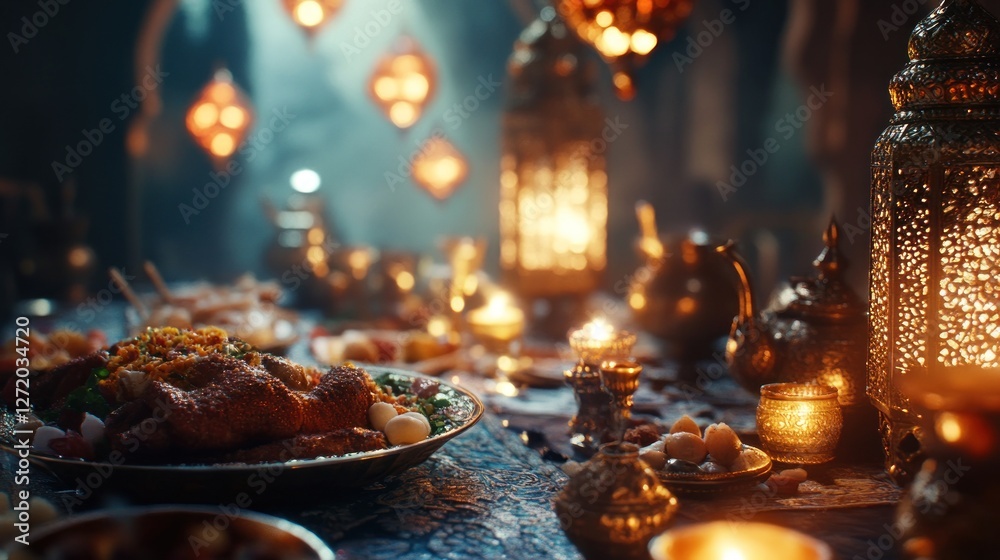 A lavishly decorated table laden with traditional Middle Eastern food and warm lamps. A lavishly decorated table laden with traditional Middle Eastern food and warm lamps.