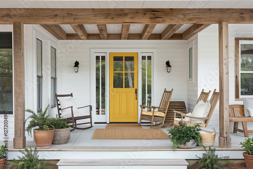 A modern farmhouse front porch, featuring a bright yellow door as the focal point, surrounded by white walls with rustic wooden beams overhead