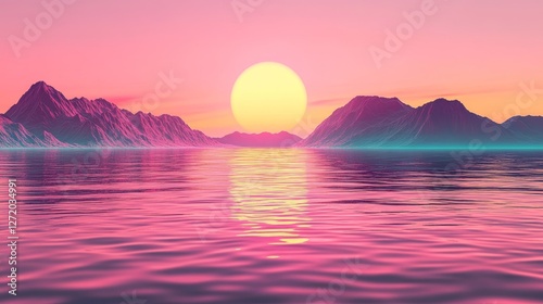 Serene sunset over tranquil waters with mountains reflecting vibrant color in the background