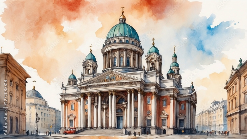 Obraz premium Elegant watercolor painting of Cathedral with its stunning dome and classic architecture against a colorful sky 