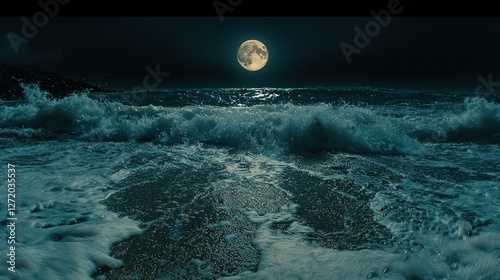 Moonlight waves crashing on beach at night photo