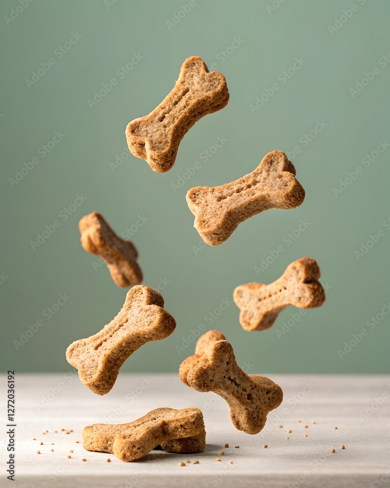 Fototapeta premium Bone-shaped dog treats floating in mid-air against a soft green background. The motion creates a visually appealing composition, ideal for pet food marketing and advertisements.
