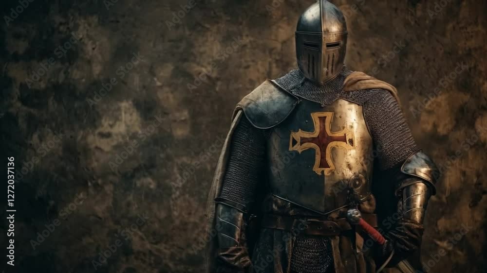 Scene of Medieval Knight in Armor and Red Cloak, smooth repeating motion for background video animation