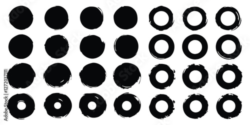 Vector black ink circles, hand-drawn textured punk shapes, artistic Chinese or Korean design elements, Japanese enso zen circles, and sun symbols.