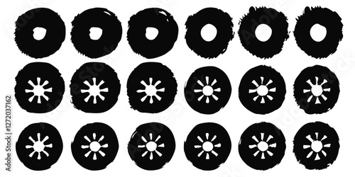 Vector black ink circles, hand-drawn textured punk shapes, artistic Chinese or Korean design elements, Japanese enso zen circles, and sun symbols.