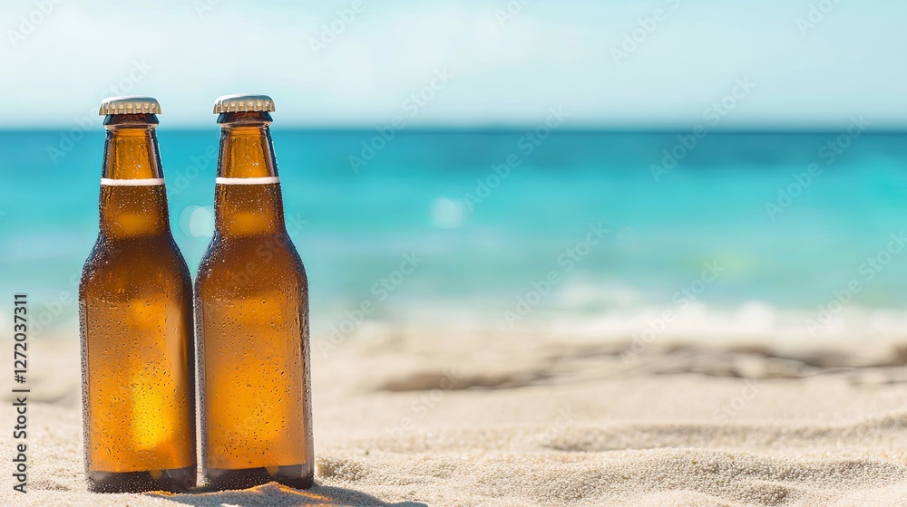 Two chilled beer bottles on sunny beach with ocean view in background Two chilled beer bottles on sunny beach with ocean view in background