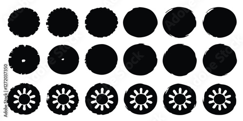 Vector black ink circles, hand-drawn textured punk shapes, artistic Chinese or Korean design elements, Japanese enso zen circles, and sun symbols.