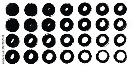 Vector black ink circles, hand-drawn textured punk shapes, artistic Chinese or Korean design elements, Japanese enso zen circles, and sun symbols.