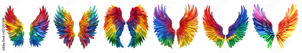 Fototapeta premium Vibrant Rainbow Wings Soaring High Freedom Flight Colorful Feathers