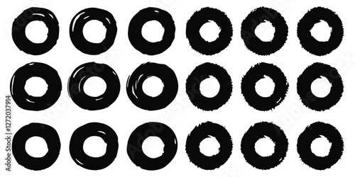 Vector black ink circles, hand-drawn textured punk shapes, artistic Chinese or Korean design elements, Japanese enso zen circles, and sun symbols.
