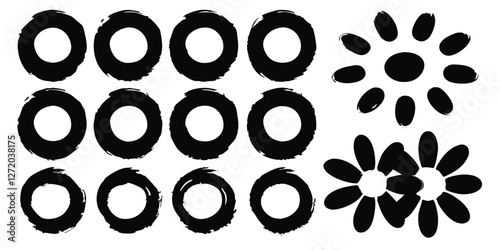 Vector black ink circles, hand-drawn textured punk shapes, artistic Chinese or Korean design elements, Japanese enso zen circles, and sun symbols.