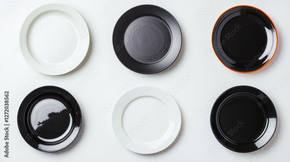 A curated collection of six plates varying in color and design is displayed against a clean, neutral backdrop. The arrangement showcases an artistic flair for dining aesthetics