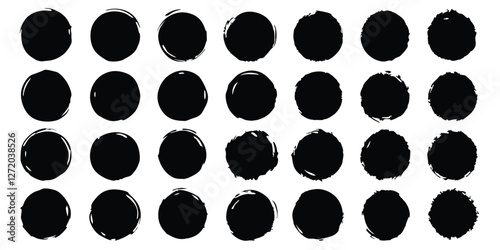 Vector black ink circles, hand-drawn textured punk shapes, artistic Chinese or Korean design elements, Japanese enso zen circles, and sun symbols.