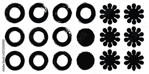 Vector black ink circles, hand-drawn textured punk shapes, artistic Chinese or Korean design elements, Japanese enso zen circles, and sun symbols.