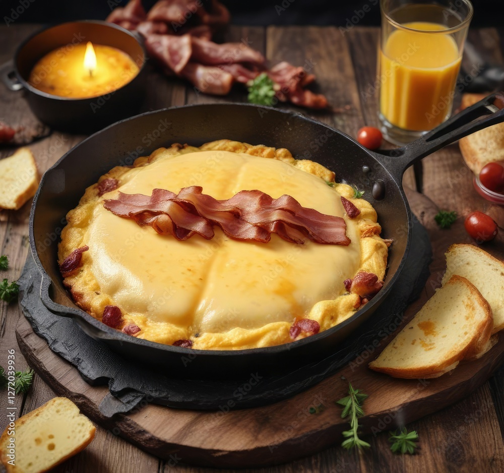 Crispy bacon and melted cheese wrapped inside a fluffy omelette, served on a rustic iron cast pan , brunch inspiration, baked goods, iron skillet recipes Crispy bacon and melted cheese wrapped inside a fluffy omelette, served on a rustic iron cast pan , brunch inspiration, baked goods, iron skillet recipes