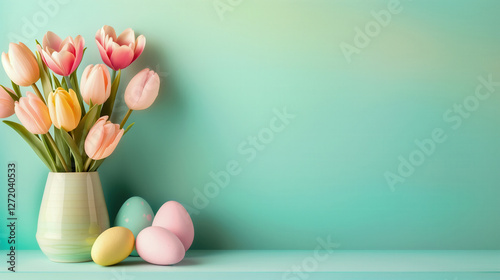 Bouquet of Easter Tulips and Pastel Eggs in Vase on Mint Background. Spring pink and yellow tulips in a ceramic vase beside pastel Easter eggs. Blank area for text.