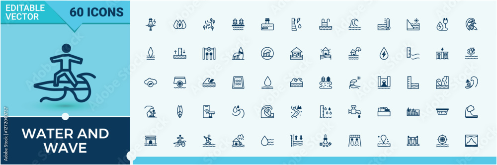 Water And Wave linear icon. Contains such icons as eco, clean, style, tap, sea, ocean, search, splash. Outline symbol collection. Outline and solid pictogram.