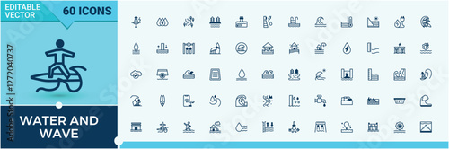 Water And Wave linear icon. Contains such icons as eco, clean, style, tap, sea, ocean, search, splash. Outline symbol collection. Outline and solid pictogram.