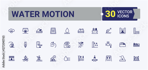 Water Motion icon collection. It contains symbols to hand, nature, h2o, sea, bottle, drink and more. Set of line pictogram. Solid line editable stroke. Vector line and solid icons.