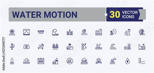 Water Motion icon collection. It contains symbols to hand, nature, h2o, sea, bottle, drink and more. Set of line pictogram. Solid line editable stroke. Vector line and solid icons.