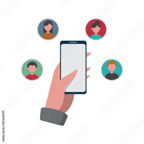 vector illustration of a Hand Holding Smartphone With Contacts Displayed as User Avatars Around