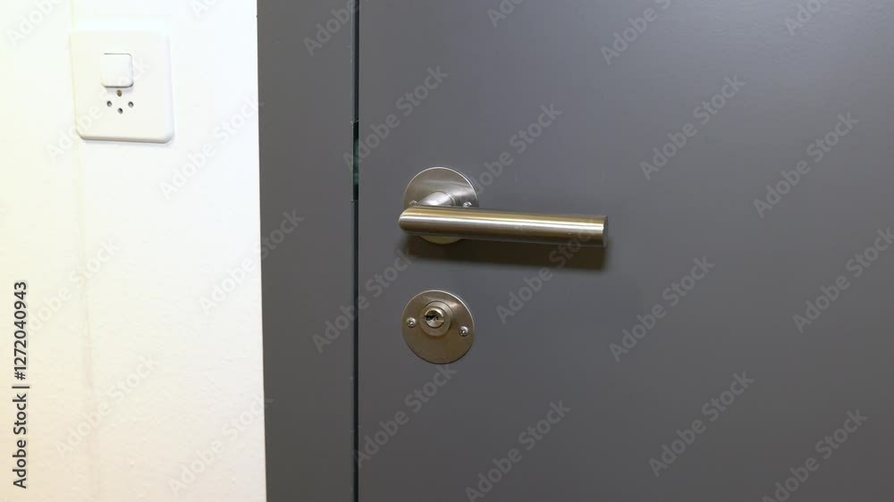 Hand is locking door and checking if it is really closed for security reasons, to be sure. Horizontal. Hand is locking door and checking if it is really closed for security reasons, to be sure. Horizontal.