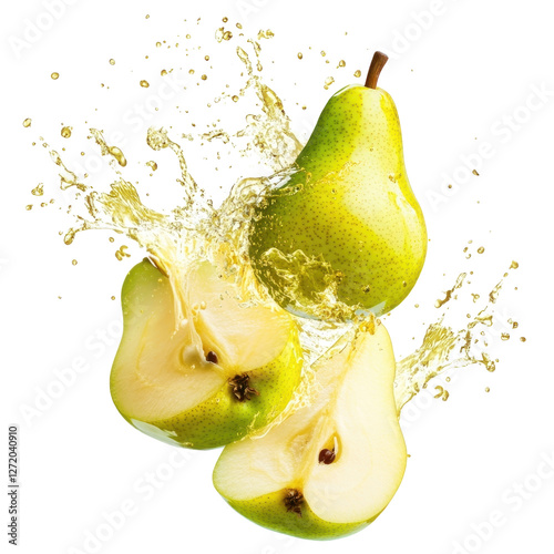 PNG Exploding cut green pears fruit juice food.