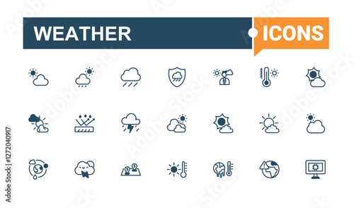 Weather icon collection. It contains symbols to web, sunny, simple, summer, app, sky, rainy, weather. Isolated icon. Editable vector outline and solid icons.