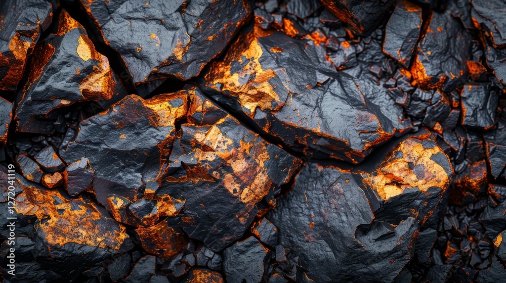 Close up view of textured volcanic rock reveals a striking contrast of vibrant orange and deep black colors, highlighting natural mineral formations in a geological environment. Close up view of textured volcanic rock reveals a striking contrast of vibrant orange and deep black colors, highlighting natural mineral formations in a geological environment.