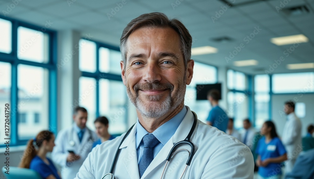 smiling doctor wearing stethoscope in busy hospital environment with medical staff smiling doctor wearing stethoscope in busy hospital environment with medical staff