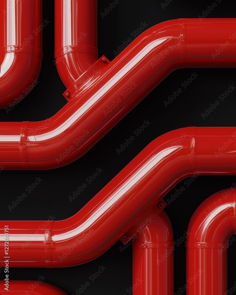 Red Industrial Pipes on a Black Background with Curved and Straight Sections for Creative Design Projects Red Industrial Pipes on a Black Background with Curved and Straight Sections for Creative Design Projects