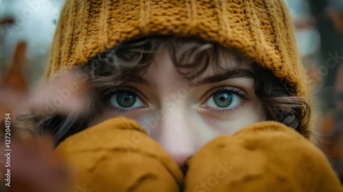 Intense gaze of a woman with hazel eyes wearing a knit hat and gloves, partially obscuring her face.