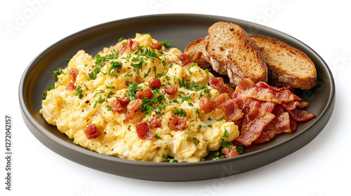 Classic breakfast plate with scrambled eggs, crispy bacon, toasted bread, and fresh parsley - hearty morning meal isolated on white background.